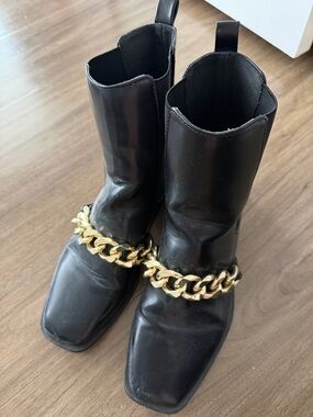 Zara Black Leather Combat Boots with Gold Chain Detail
